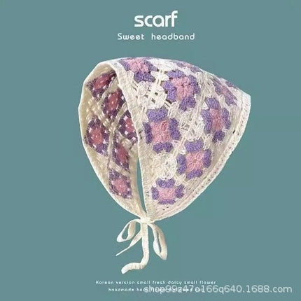 Hot Girl Internet Celebrant Photo Flower French Style Triangle Scarf Headscarf Women's Cute Knitted Hair Band Silk Scarf High-grade Headwear Summer