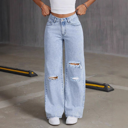 European and American Cross-Border 2025 New Loose Light Blue Washed Wide-Leg Jeans Pure Color Pants Women Jeans