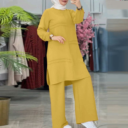 2024 Women's Two-Piece Sportswear Set: Elegant Solid Color Long-Sleeve Shirt and Wide-Leg Pants Set