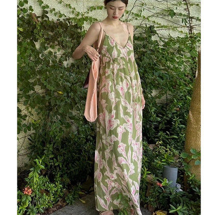 2025 New Summer Seaside Vacation Dress Printed Suspender Wear Women's Skirt Beach Skirt Women's One-Piece Drop Shipping