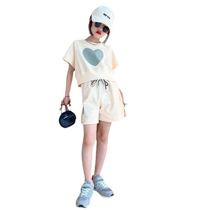 Girls' Love Short-sleeved Shorts Set 2024 Summer New Korean-style Loose Casual Large Children's Two-piece Set