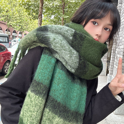 Infinite Forest Green ~ dark blue light blue * green striped tassel scarf Korean style versatile retro scarf for women autumn and winter