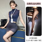 Purple gray [top + skirt + name tag + t pants] + black non-open glossy pantyhose / One Size