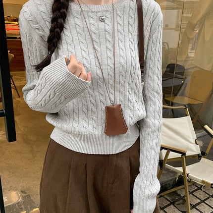 Designed with Korean Style, Gray Cable-Knit Sweater for Women, New Slim-Fit Short Top for Autumn and Winter