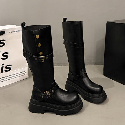 Melard Thick-Soled Soft Leather Long Boots for Women 2025 New Style Chunky Heel Height-Increasing Slimming Fashion Boots for Petite Women