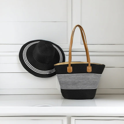 Cross-Border Straw Hat Straw Bag Two-Piece Set Sun Hat Large Capacity Striped Tote Bag Shoulder Bag Beach Bag Factory Store