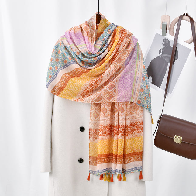 Korean New Colorful Ethnic Style Bali Yarn Long Scarf Artistic Fresh Cotton and Linen Scarf Color-matching Printed Beach Towel