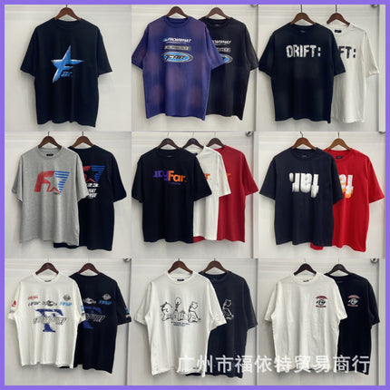 Cross-Border Far American Washed Distressed Short-Sleeved High Street Cross Lip Print Style Fashion Casual Loose Men's and Women's T-Shirts