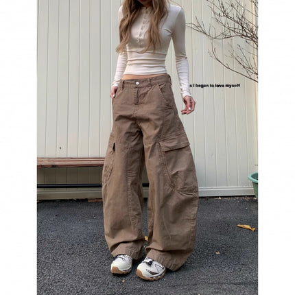 2025 New American Retro Style Large Pocket Coffee-Colored Work Casual Pants Loose Fit Versatile Silhouette Long Pants