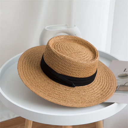 [Great Value] French Style Socialite Flat Top Hat 2025 New Summer Elegant Pearl String Sunshade Woven Straw Hat