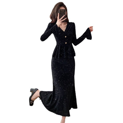 Light Luxury Celebrity Fashion Suit for Women 2024 Autum New Sequined Bell Sleeve Top Fishtail Skirt Two-Piece Set