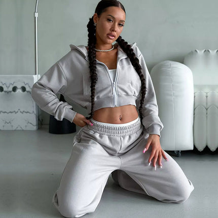 2026 Amazon Sexy Fashion European and American Style Casual Long-Sleeve Hooded Crop Top Shorts Cardigan Sports Pants