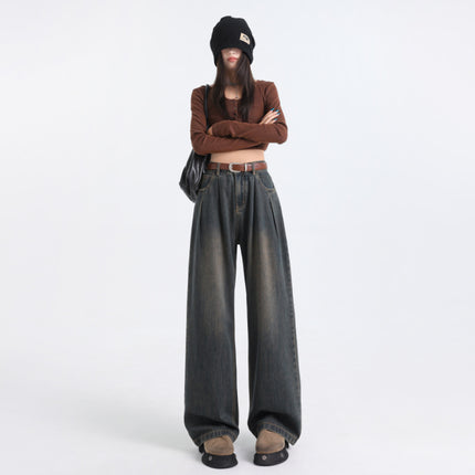 Korean Style Pleated Loose Wide Leg Jeans Women's 2024 Autumn New High Waist Drape Slimming All-match Straight Pants