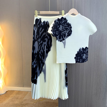 New Miyake Stylish High-end Skirt Set Women's Series Floral Pleated Top Pleated Skirt Long Two-piece Set