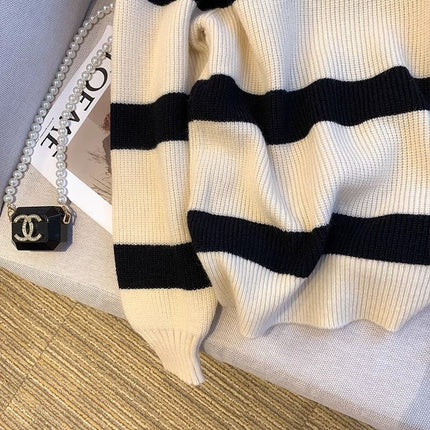 Mall Withdraws 2025 Spring and Autumn Korean Version Polo Collar Striped Sweater for Women, Loose Retro Knitwear Trend