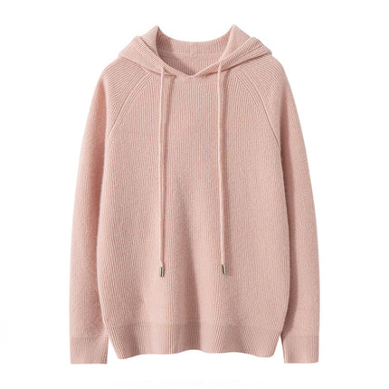 Early Autumn New Hooded Women's Simple Solid Color Yuanbao Needle Hoodie Loose Slimming 100 Pure Cashmere Knitted Sweater