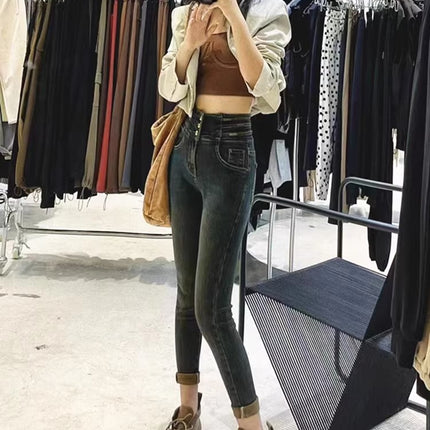 fleece-lined Thickened Warm Skinny Pencil Jeans Women's Autumn and Winter 2023 New High Waist Slimming All-match Pencil Pants