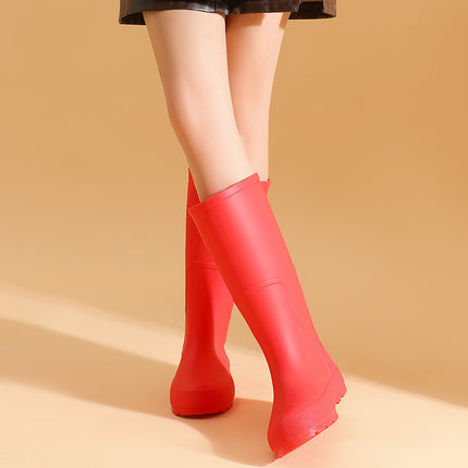 Cross-Border Khaki Brown High-Top Women's Rain Boots, Versatile Women's Rubber Shoes, Waterproof Shoes, Red Long Water Boots, Rainy Day Travel Shoes