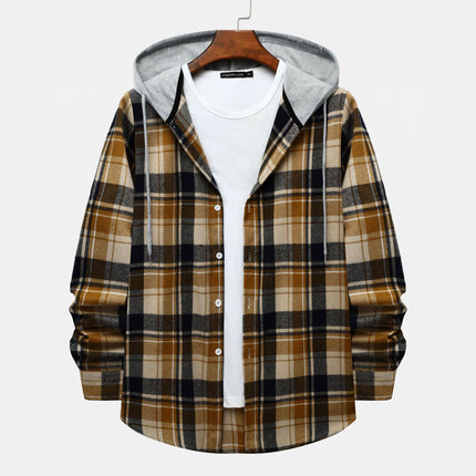 Cross-border Hooded Plaid Shirt Men's 2024 Foreign Trade Autumn Harajuku Style Plaid Hooded Shirt Men's Hong Kong Style Casual Shirt