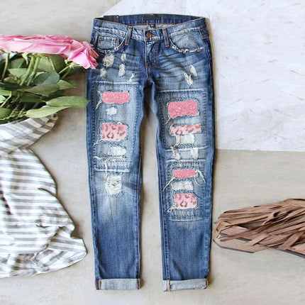 Cross-Border Amazon Hot-Selling European and American Women's Ripped Printed Patch Jeans Mid-Waist Straight Pants in Stock