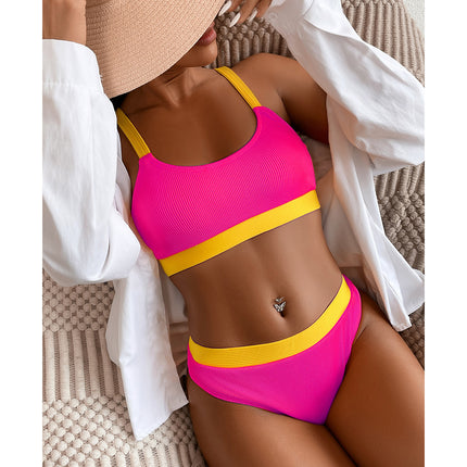 2023 New Cross-border European and American Bikini Swimsuit Pit Contrast Color Fashion Bikini Sexy Split Swimsuit Women's Summer