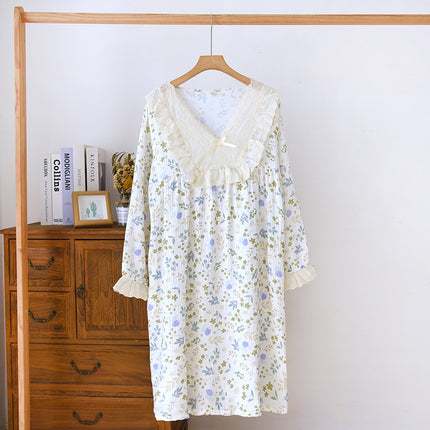 Lace V-neck Princess Style Pullover Long-sleeved Pure Cotton Pajamas Women's Spring and Summer Thin Crepe Cotton Floral Dress for Outer Wear