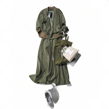In-Stock Japanese Style 2026 Spring New Green Round-Neck Zipper Jacket + Skirt Two-Piece Set