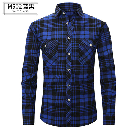 Spring and Summer Slim Amazon Fashion Brushed Plaid High-End Long-Sleeved Double Pocket Flannel Men's Shirt