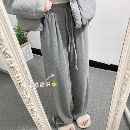 Lazy Gray Towel Pants Thickeneded and Velvet 2025 Autumn and Winter Loose Slimming Look Small Soft Waxy Wide Leg Pants for Women