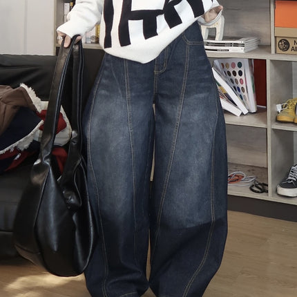 Strawberry Bear Classmate American Retro Dark Blue Letter Print Jeans Scimitar Wide-Leg Floor-Length Pants for Women