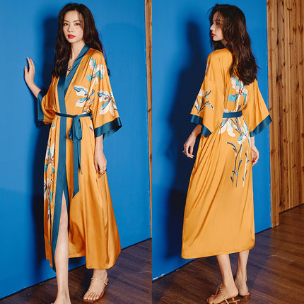 Yaoting New Style Satin Pajamas Women's Summer Large Size Light Luxury Seven-point Sleeve Cool Nightgown Bathrobe Home Clothes Women's WP2669