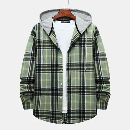 Cross-border Hooded Plaid Shirt Men's 2024 Foreign Trade Autumn Harajuku Style Plaid Hooded Shirt Men's Hong Kong Style Casual Shirt