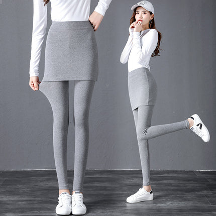 Spring and Autumn Pure Cotton Fake Two-Piece Short Skirt Knitted Leggings Women's Slim Large Size Stretch Trousers Skirt Pencil Pants
