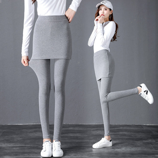 Spring and Autumn Pure Cotton Fake Two-Piece Short Skirt Knitted Leggings Women's Slim Large Size Stretch Trousers Skirt Pencil Pants