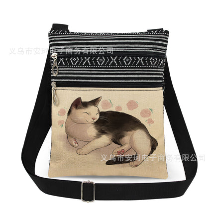 Cross-Border New Product Double Zipper Cat Print Single Shoulder Crossbody Bag Ultra-Light Cross-Border Style Messenger Bag Fashionable and Cute Women's Bag
