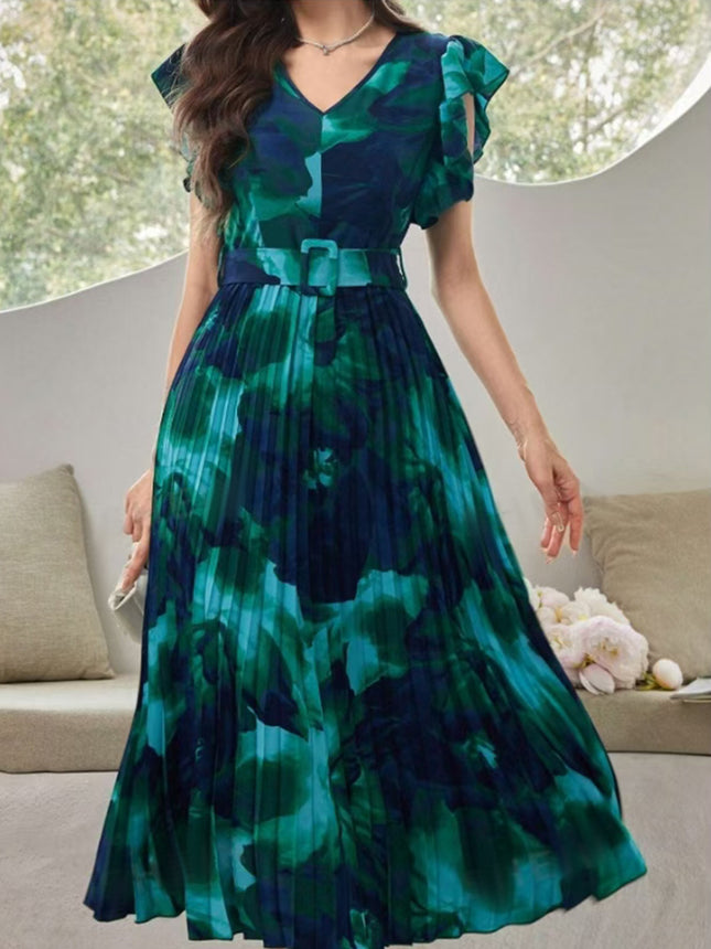 Amazon Summer Ear Stitching Belt Buckle Decorative Pleated Waist Tie-Dye Vintage Printed dress