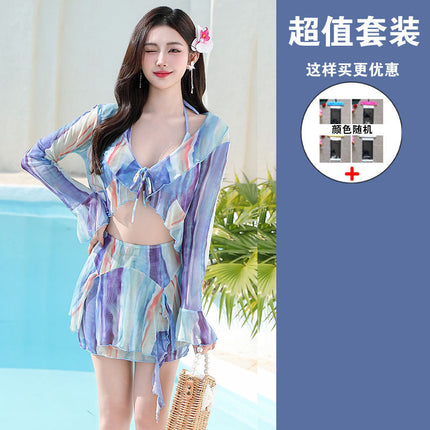 Women's Swimsuit 2025 New Hot Style Sexy High-End Smudged Long-Sleeved Four-Piece Set Slimming Look Quick-Drying Sun Protection Hot Spring Bathing