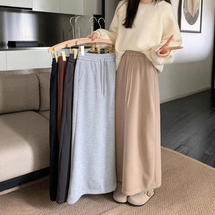 Fleece-Lined Thickened Skirt for Women, Autumn and Winter 2025 New Style, Drawstring High-Waisted Straight Casual Skirt, Versatile A-Line Long Skirt