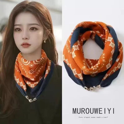 2025 New Warm Square Scarf Magnetic Buckle Triangle Silk Scarf Cotton Scarf Women's Spring, Autumn and Winter Style Scarf with Elegant and Versatile Style