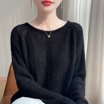 Silk Cashmere Series ~ 75% Cashmere 25% Mulberry Silk Round Neck Cable Beaded Pullover Knitwear Outer Knitwear