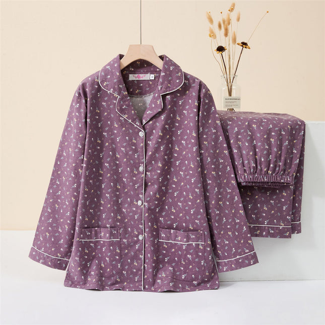 Brushed pajamas women's Japanese-style cotton flannel Spring and Autumn new warm non-printed same style outdoor home wear suit