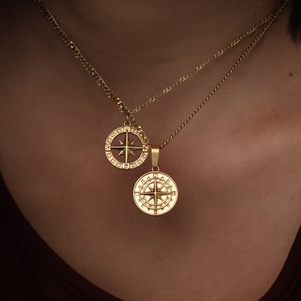Classic Stainless Steel Compass Compass Necklace North Star Pendant Sweater Chain Men's and Women's Clavicle Chain Plated with 18K Gold