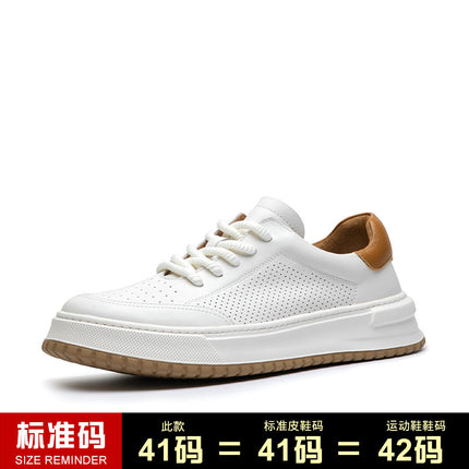 New White Shoes Men's Shoes Fashionable Casual Leather Breathable Hollow-out Low-top Shoes All-match Lightweight Board Shoes with Elevated Thick Sole