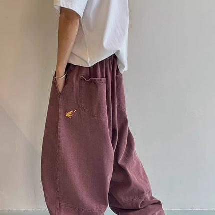High Street Trendy Brand Small Flame Embroidery Silhouette Jeans Men's American Retro Washed Loose Floor-Length Versatile Long Pants