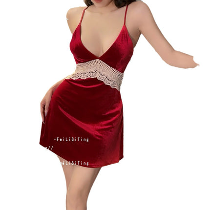 Sexy Gold Velvet Pajamas Autumn and Winter New Chest Pad Sling Nightgown suit Nightgown Lace Two-Piece Home Clothes