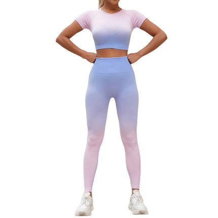 Cross-border Gradient Seamless Yoga Suit suit Women's Quick-drying Sports Fitness Suit Top Short-sleeved Peach Hip Yoga Pants