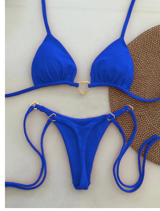 2025 New European and American Metal Decorative Halterneck Push-Up Bikini Brazilian Sexy Pure Color Split Swimsuit Bikini