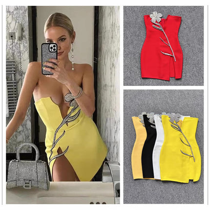 0 European and American cross-border sources of new luxury heavy industry nail drill deep V-neck bandage dress sexy split