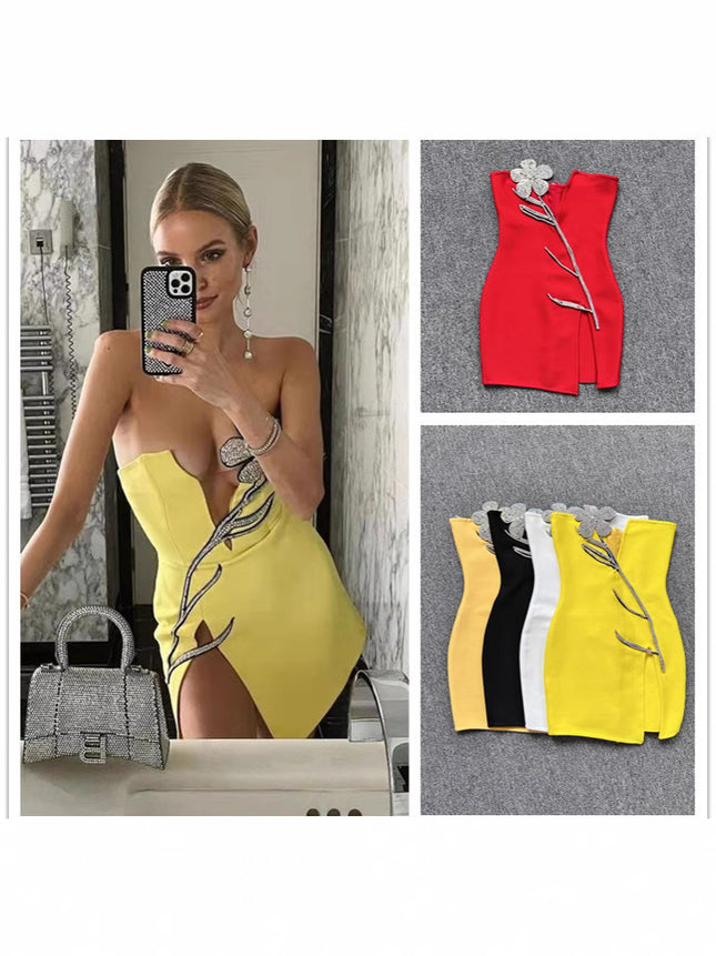 0 European and American cross-border sources of new luxury heavy industry nail drill deep V-neck bandage dress sexy split