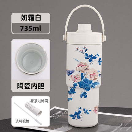 Cross-border high-value 316 stainless steel thermos cup large-capacity double-drink ceramic liner car cup portable handle cup